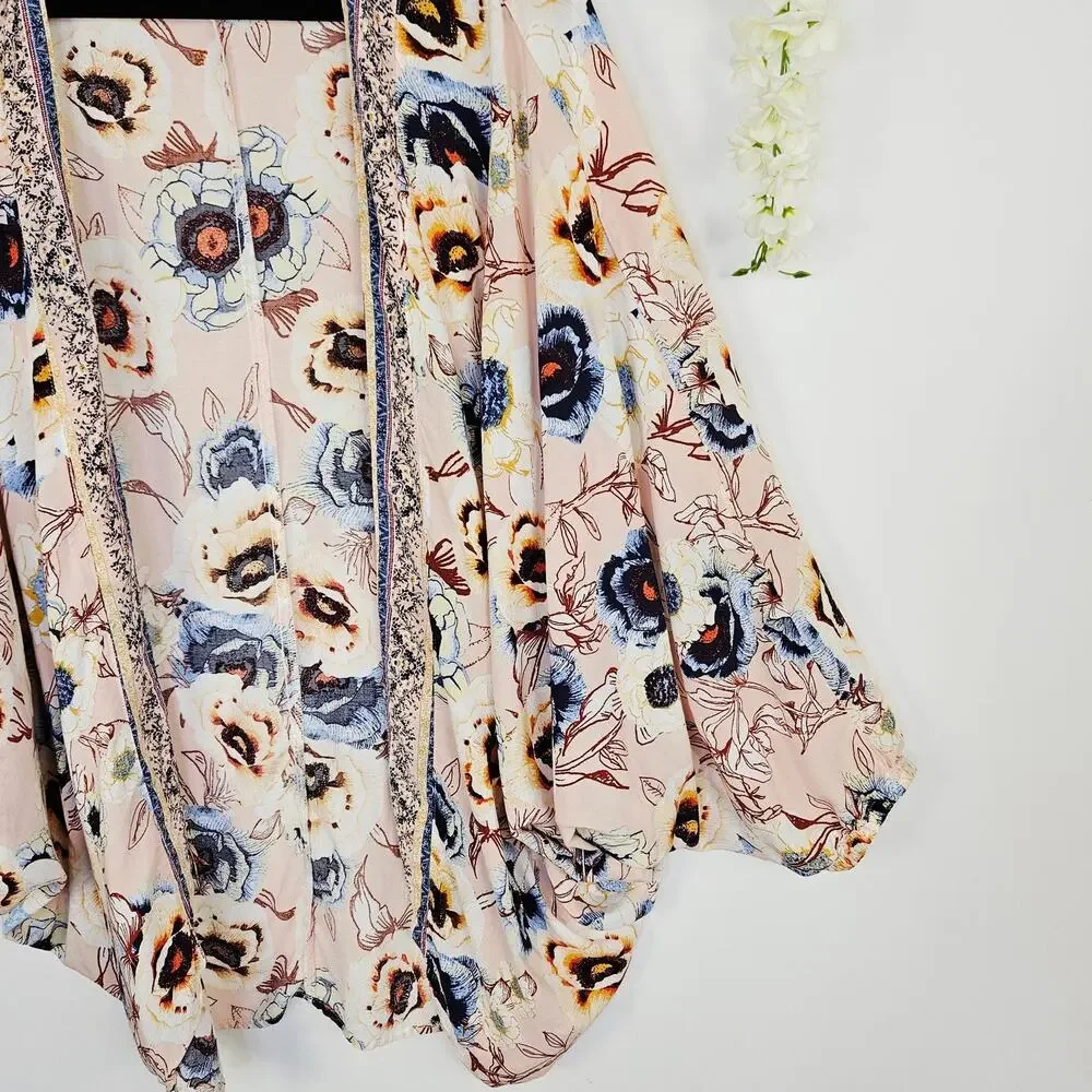 Maurices Pink Floral Peasant Sleeve Kimono XL Large Boho Spring Cover Up Cottage